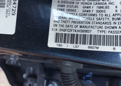 2018 Honda Civic Ex from USA, damaged, VIN 2HGFC2F74JH569837